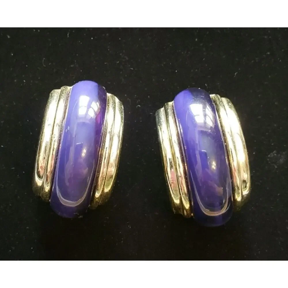 Vintage Half Hoop Pierced Earrings, Blue‎ & Gold, 1.5
